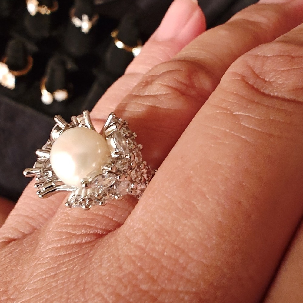 Cocktail Ring Real Pearl Resizable Adjustable Sunburst Statement Ring Silver